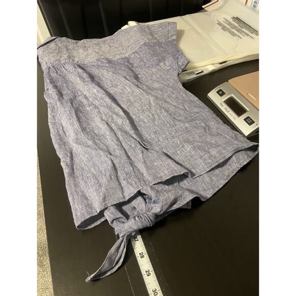 Lands End Womens Top 2X Blue Linen Button Up Short Sleeve Neutral Lagenlook - Picture 7 of 9